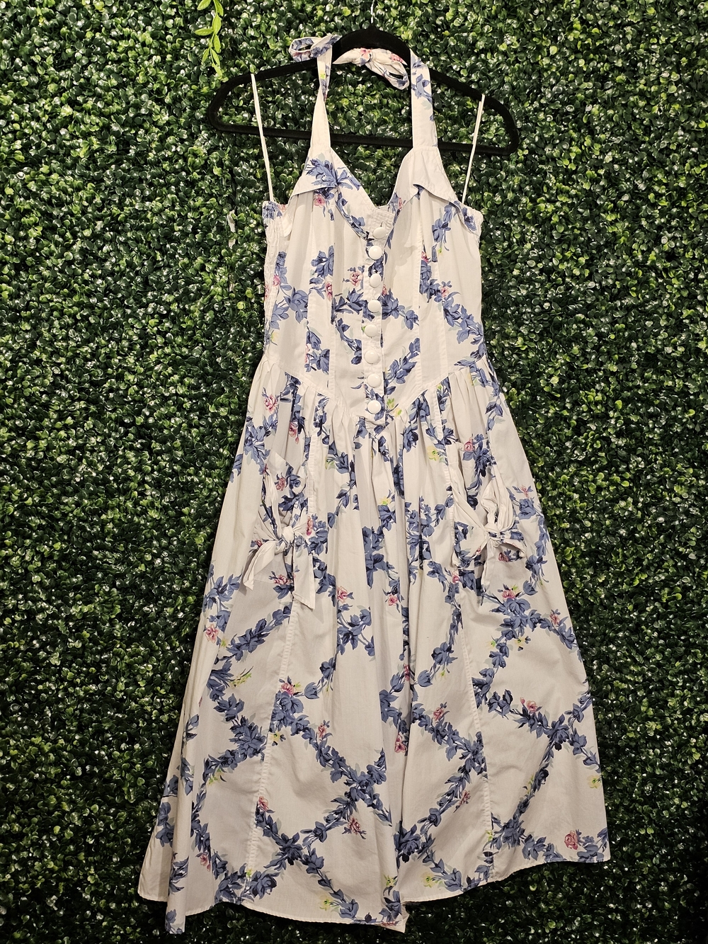 Sunshine Starshine Vintage 80s White Halter Floral Midi Dress with Blue Print